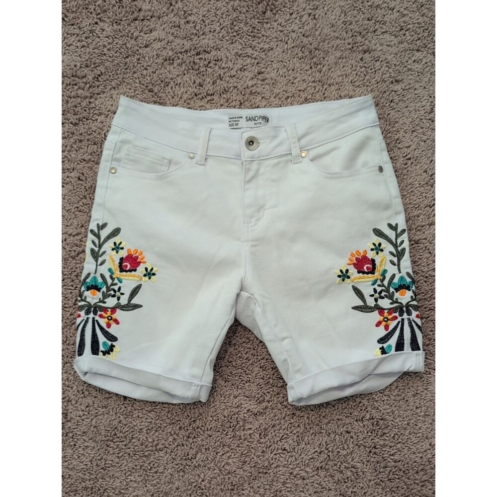 Sandpiper White Embroidered Floral Denim Shorts